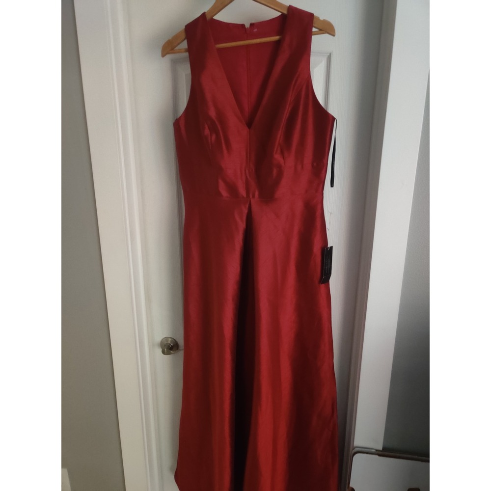 Alfred Sung Red Dupioni V-Neck Sleeveless A-Line Evening Gown Formal Dress - Picture 4 of 7